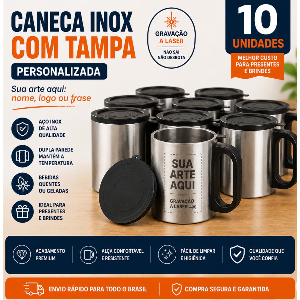 10 Canecas Inox Personalizadas 180ml Com Tampa Gravação A Laser Logo Empresa Brinde Corporativo