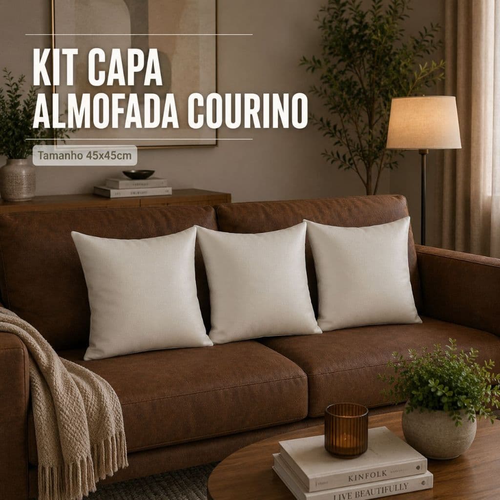 Kit Capas de Almofada Em Courino Premium 45cmx45cm Zíper Invisível Decorativa Sofá Sala Cama Quarto