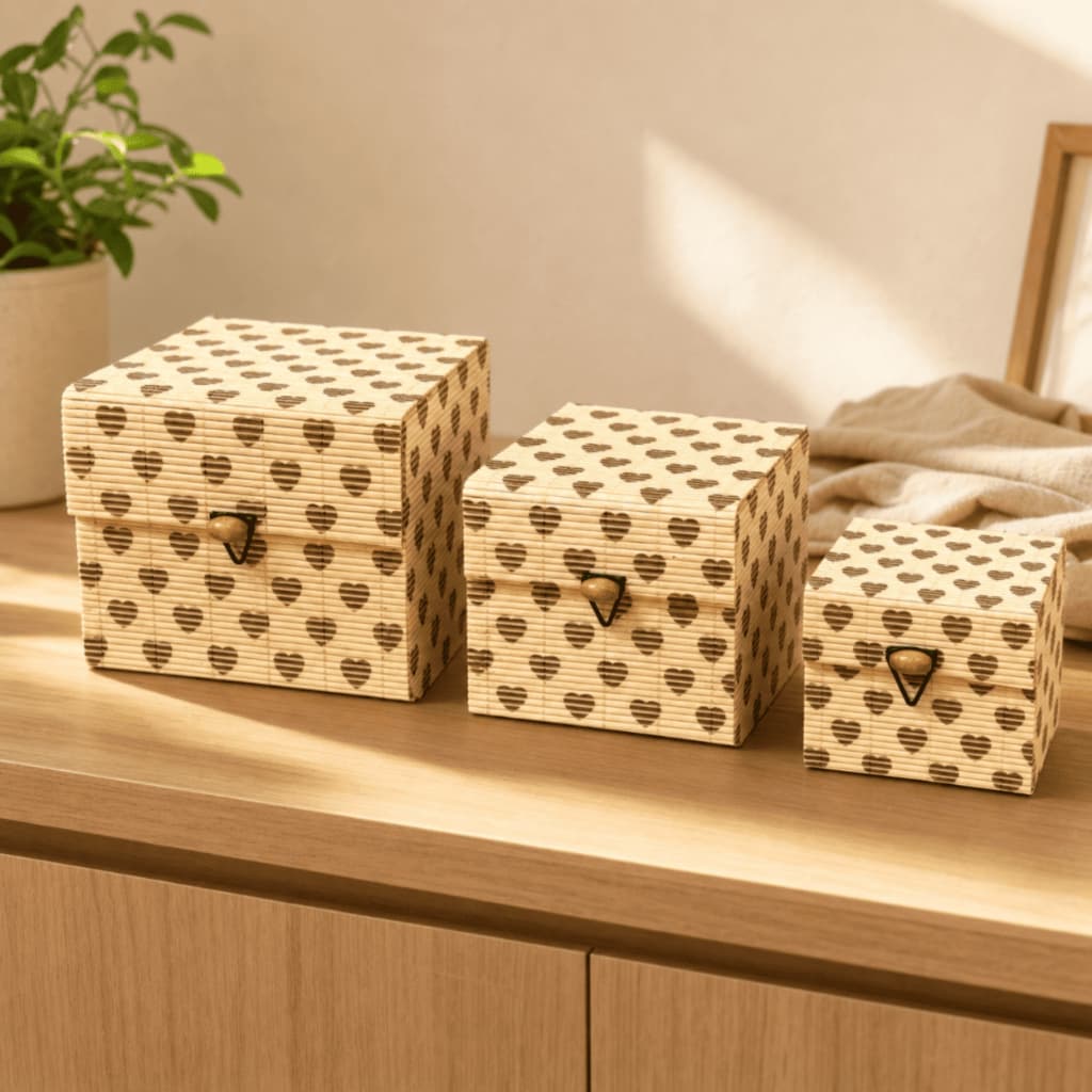 Caixas Organizadoras Porta Objetos Bambu Quadrado Coração Decorativas Multiuso Cestos