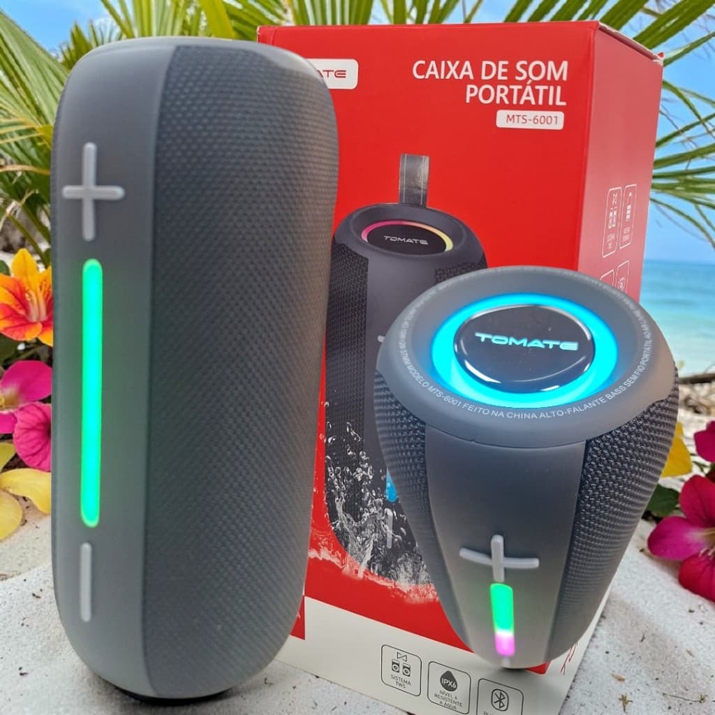 Caixa de Som LED RGB Bluetooth Portátil Alcance 10m Resistente A Água 20W Tomate MTS-6001