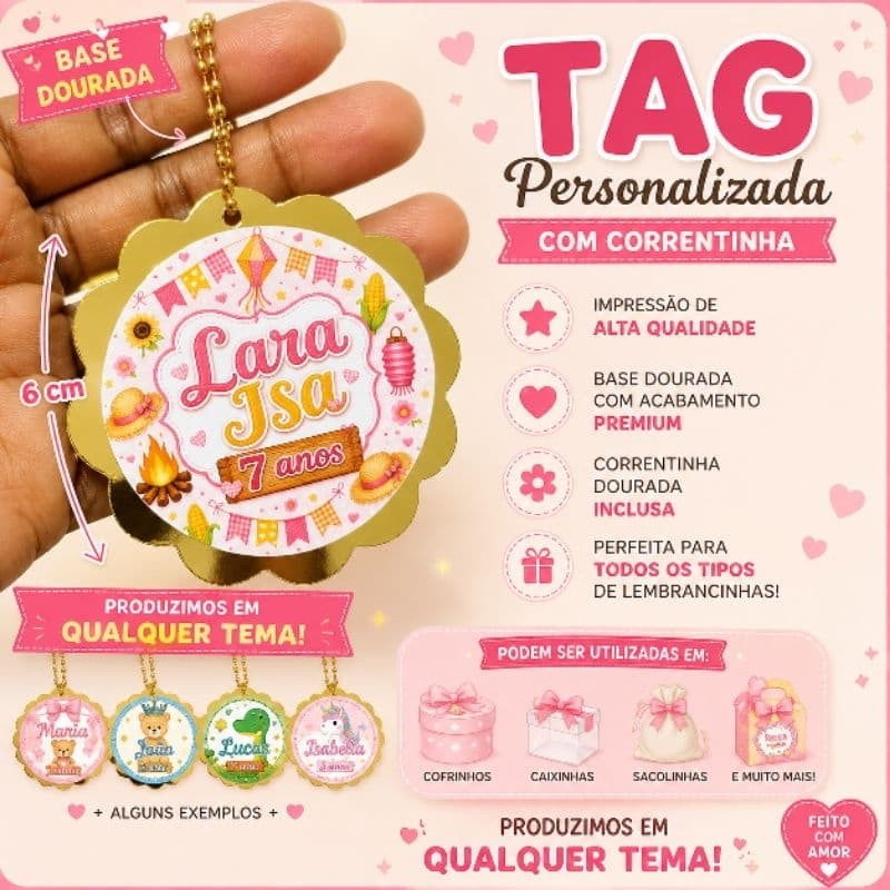 Tag personalizada festa infantil com efeito 3D e correntinha arraiá menina/Festa Junina/São João/Fazemos qualquer tema
