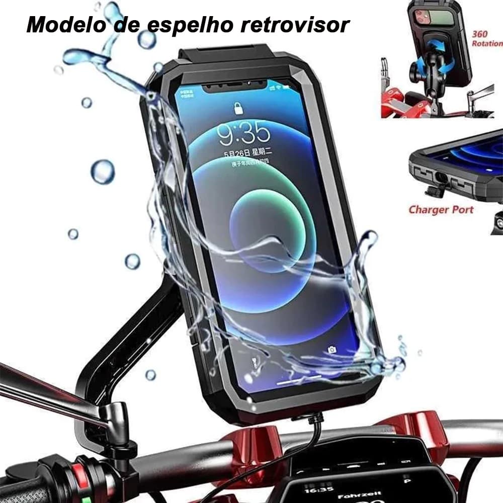 Suporte de Celular para Moto com Fixação no Retrovisor, À Prova D'água, Universal para Todos os Celulares
