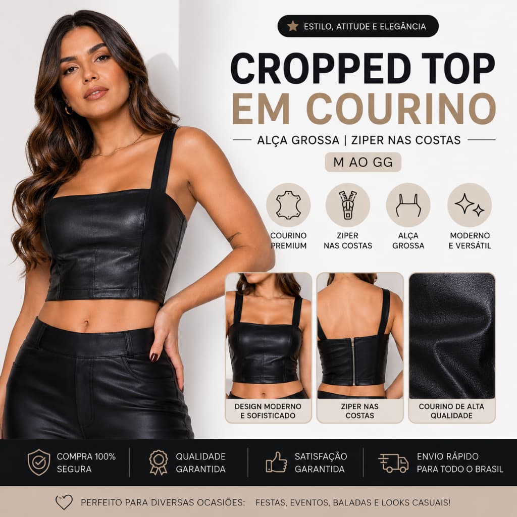 Cropped Top  em courino Alça Grossa com Ziper nas Costas | M ao GG