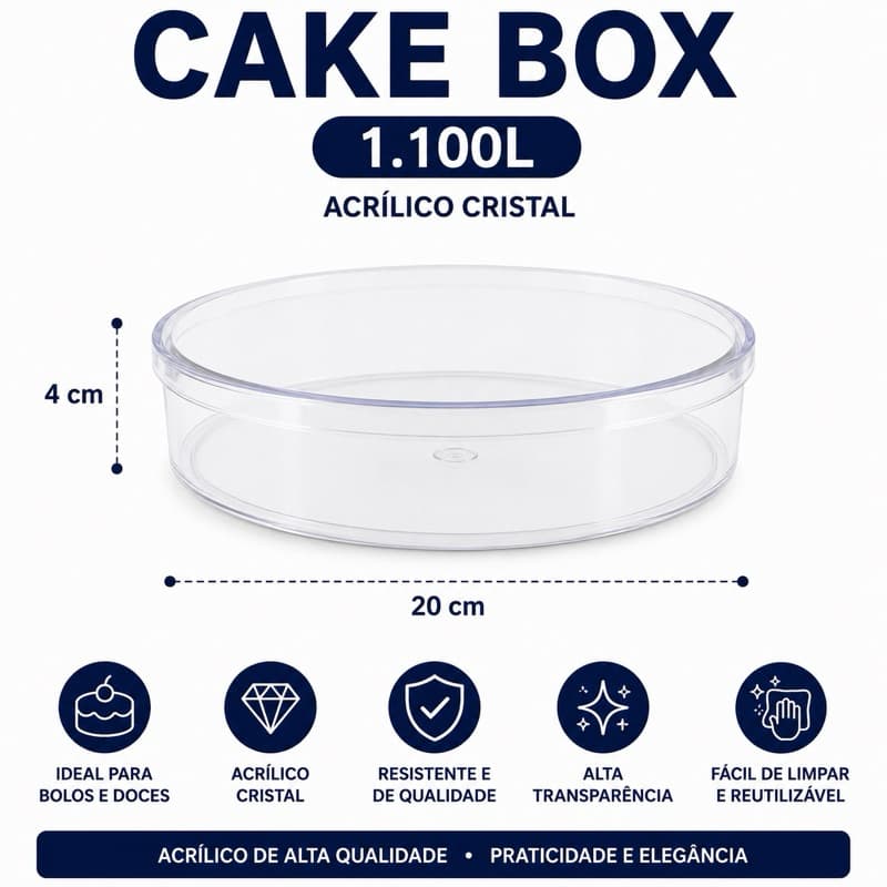 Cake Box Redonda 1,100litros Acrilico Transparente Porta Bolo e Doces