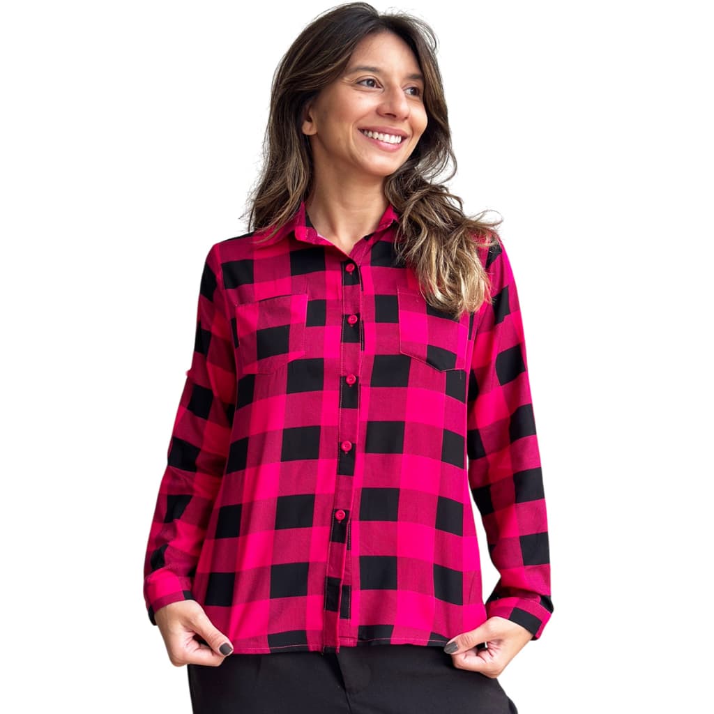 Camisa Xadrez Feminina 100% Viscose Manga Longa Com Bolso