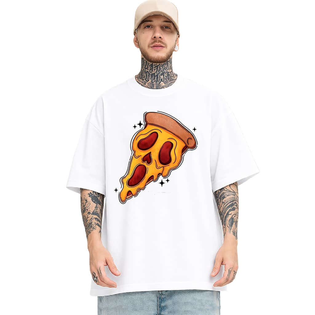 Camiseta Oversized 653 - Unissex Pizza Caveira Skull Geek Casual Manga Curta Estampa Criativa