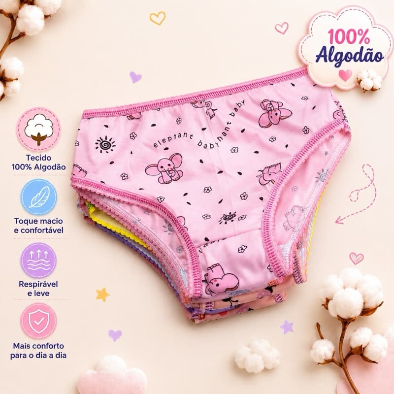 Calcinha Infantil kit 6 peças em Malha 100% Algodão com Forro Lisas e com Estampas Variadas