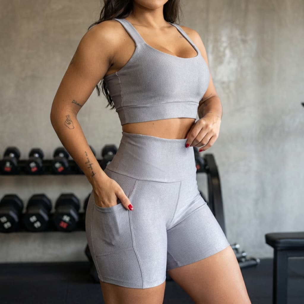 Kit Conjunto Canelado Top de Academia e Short com Bolso Para Corrida Topper Feminino Roupa Fitness Feminina Legging Alta
