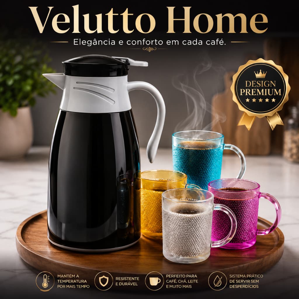 Conjunto Gourmet Garrafa Termica 190ml Quatro Canecas Vidro Preto
