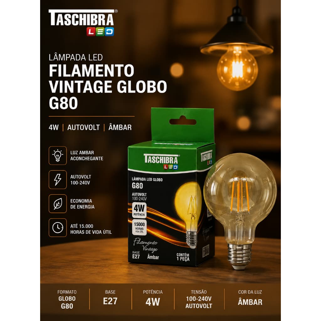 Led Luz Amarela Decorativa Lampada Led Filamento Vintage G80  TASCHIBRA