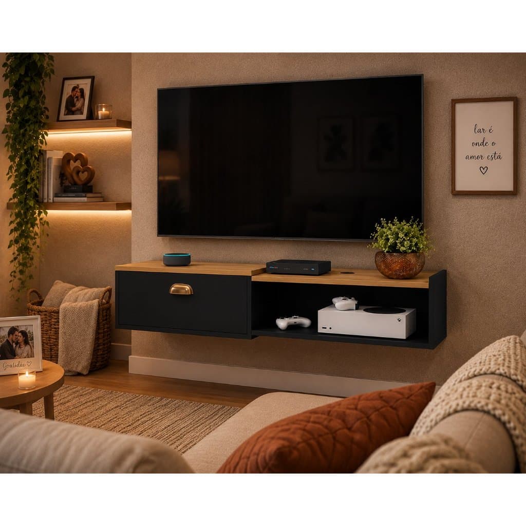 Rack suspenso simples retangular tv smart 0.90 ou 1.20 preto