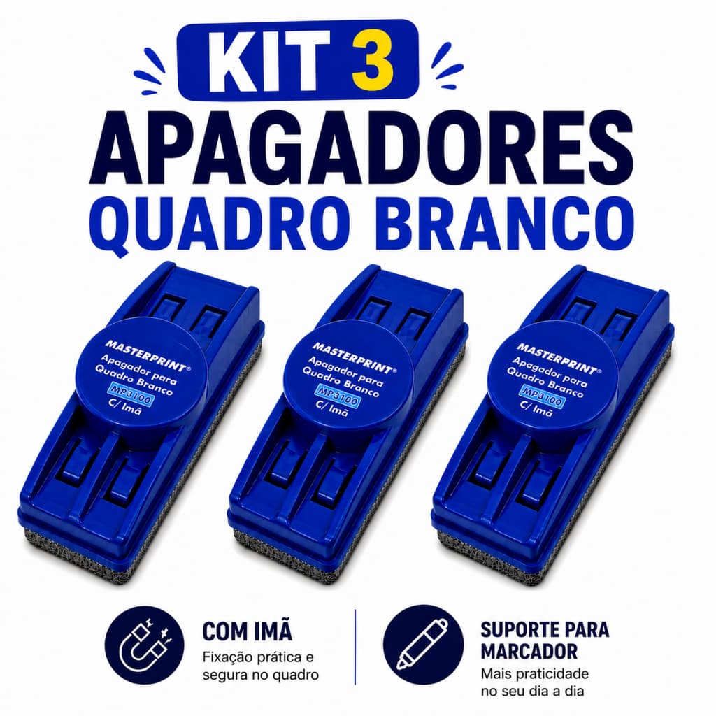 Kit 3 Apagador para Quadro Branco Com Suporte Pincel e Imã Masterprint