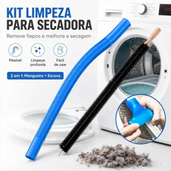 Kit Limpeza para Secadora 2 em 1 Mangueira Azul + Escova Removedor de Fiapos para Duto