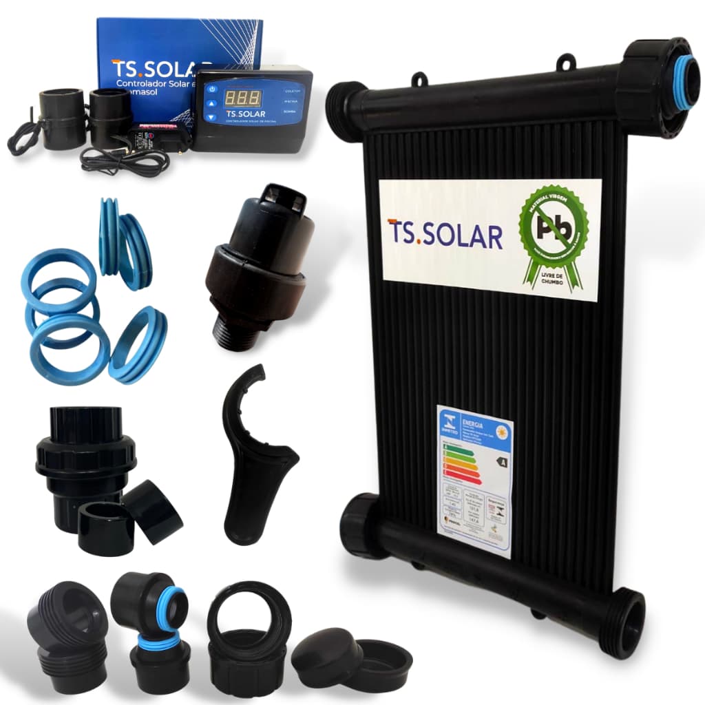 Kit Aquecedor Solar Piscina 4 Placas 3m TS Solar + Kit Fechamento + Controlador Digital + Válvulas