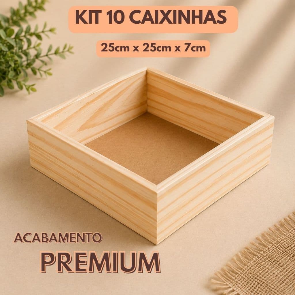 Kit 10 Bandeja Cesta Pinus Premium Caixa  Madeira Café 25x25cm Box Quadrada