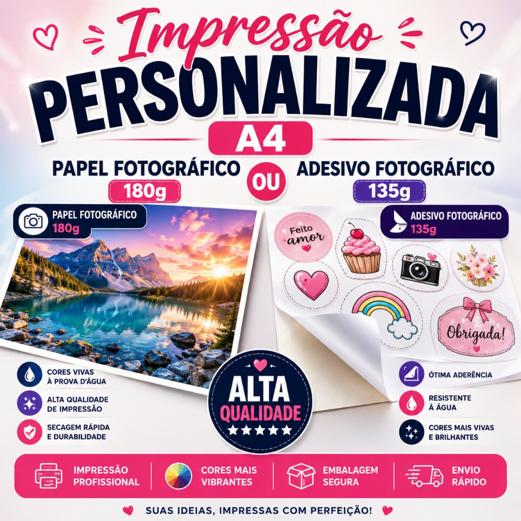Impressão Personalizada A4 Papel Fotográfico 180g ou Adesivo Fotográfico 135g