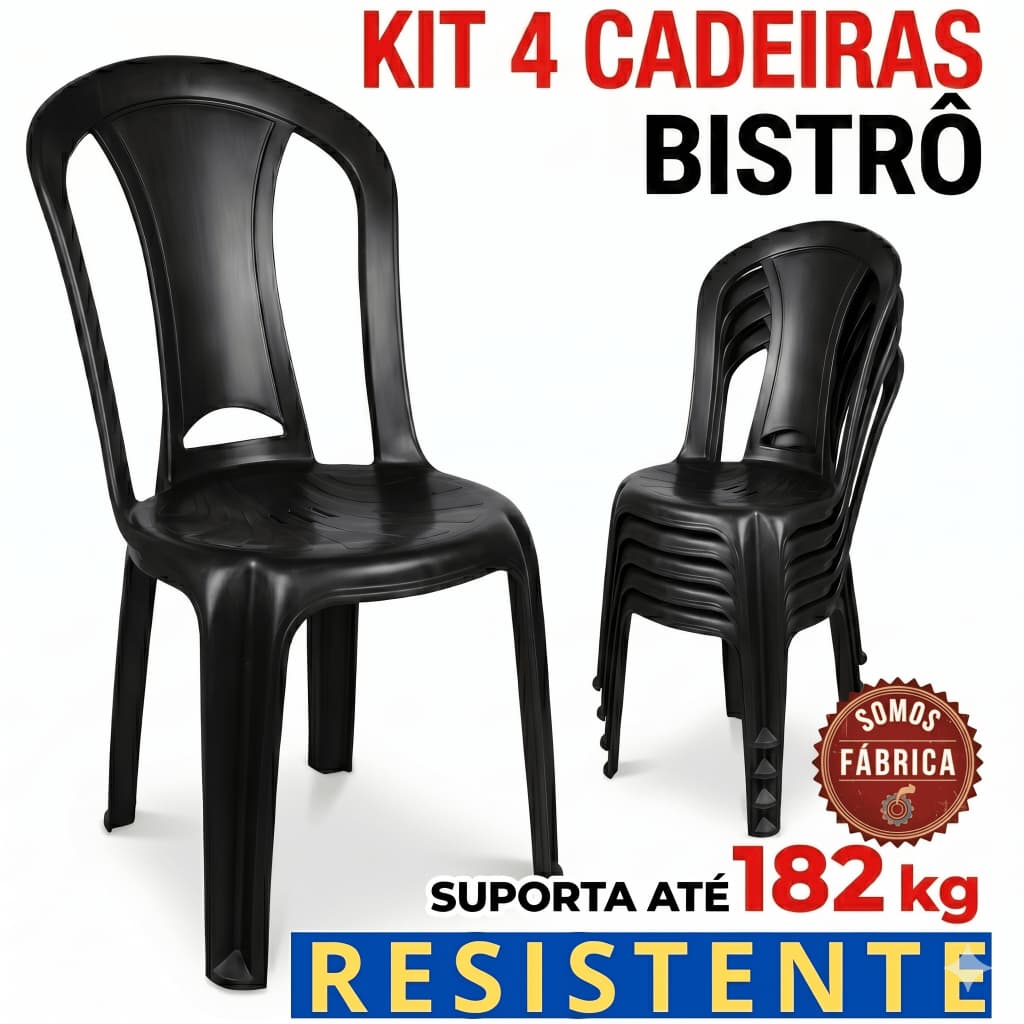 Jogo Kit 4 Cadeiras Resistente Até 182kg de Plástico INMETRO Preta Reforçada