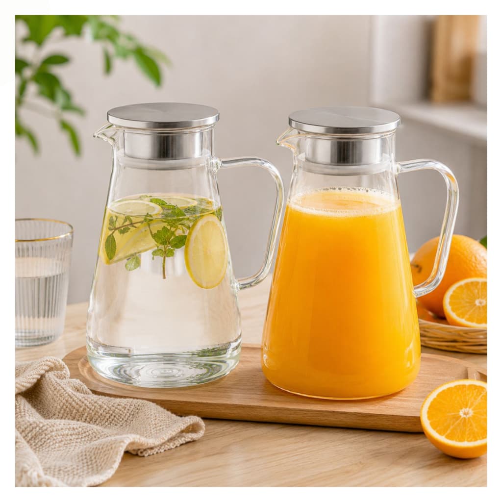 Kit 2 jarras de vidro borossilicato com tampa inox 1650ml agua suco mesa posta cozinha moderna
