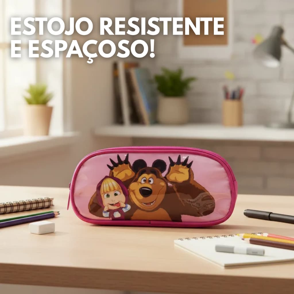 Estojo Escolar Infantil Duplo Masha E o Urso Roxo Espaçoso Grande Feminino Menina