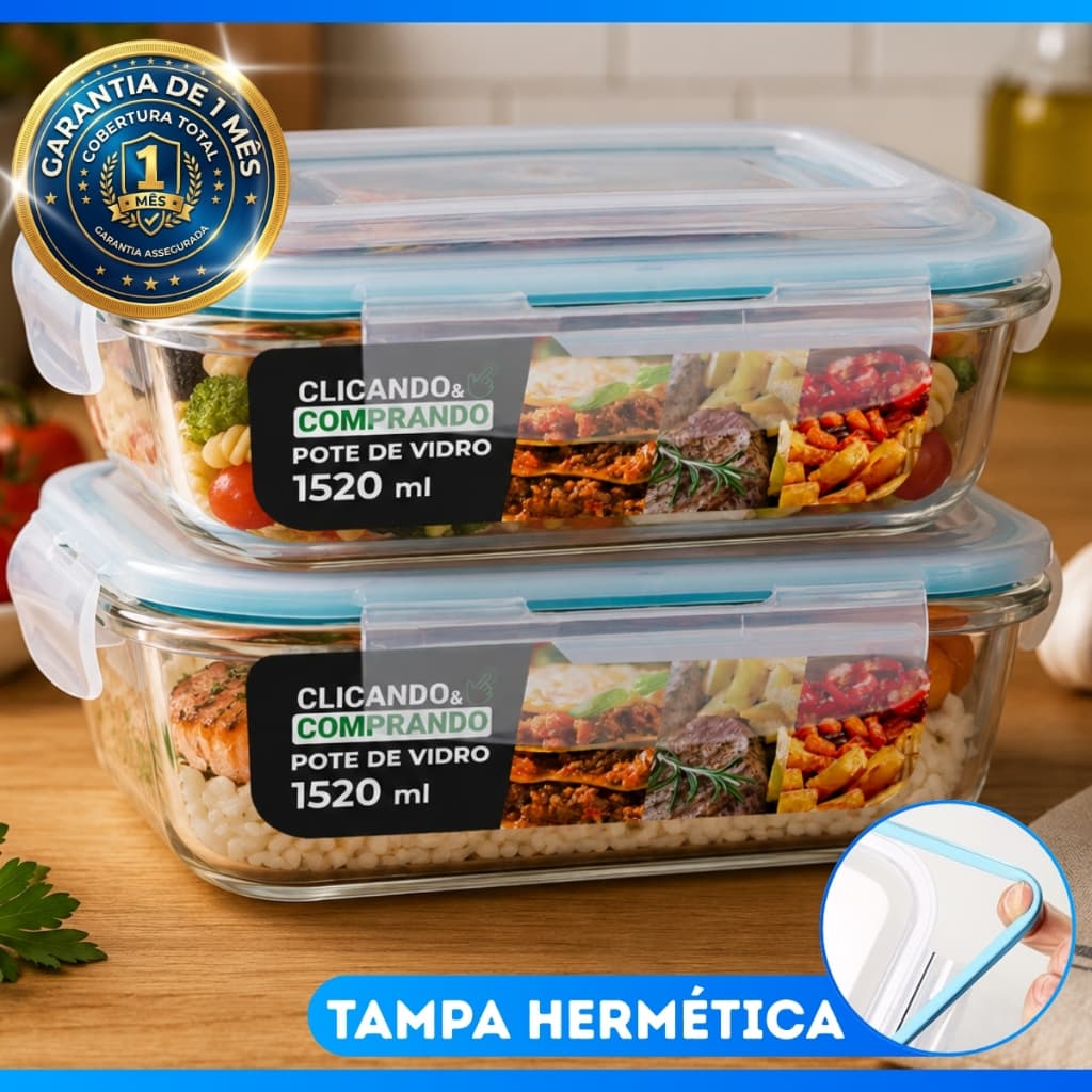 Kit 2 Potes 1520ml De Vidro Com Tampa Hermética e Travas Vai ao Forno/Freezer