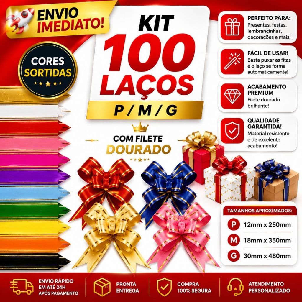 100 Laços Fácil Mágico com Filetes Dourado P/M/G – Presente – Com Cores Variadas