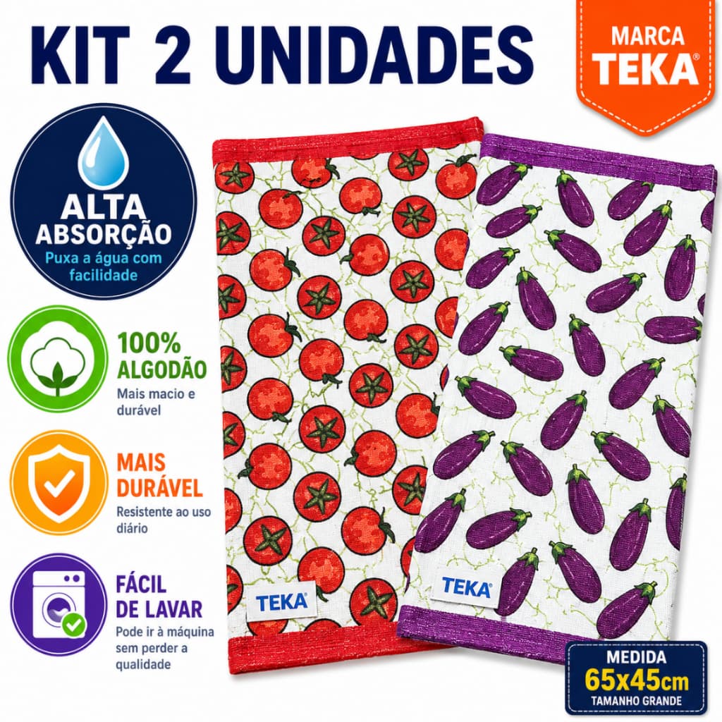 Kit 2 Panos de Prato Teka Algodão Grosso 300g/m²  Seca Rápido Lava Máquina Estampado Cozinha
