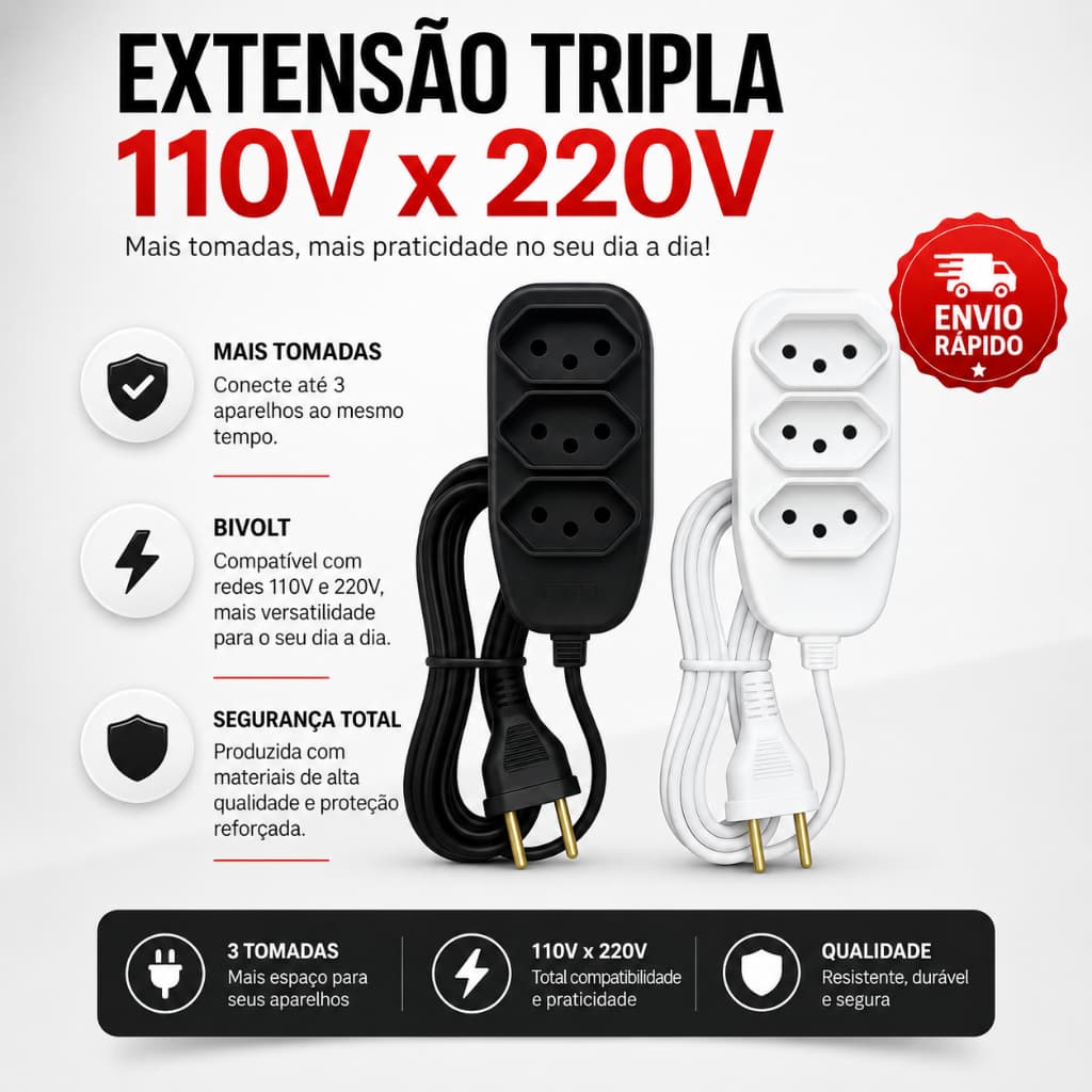 Extensão Elétrica Tripolar Bivolt 2, 3, 5, 10 Metros 110V 220V 10A Resistente Compacta
