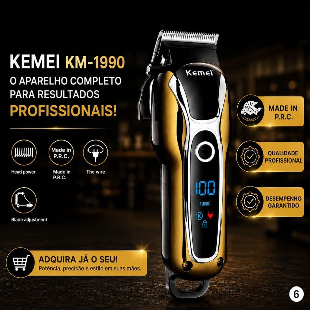Máquina De Cortar Cabelo Profissional Kemei KM-1990 Turbo Display LED Cortador Barbeador Aparador Com Pentes