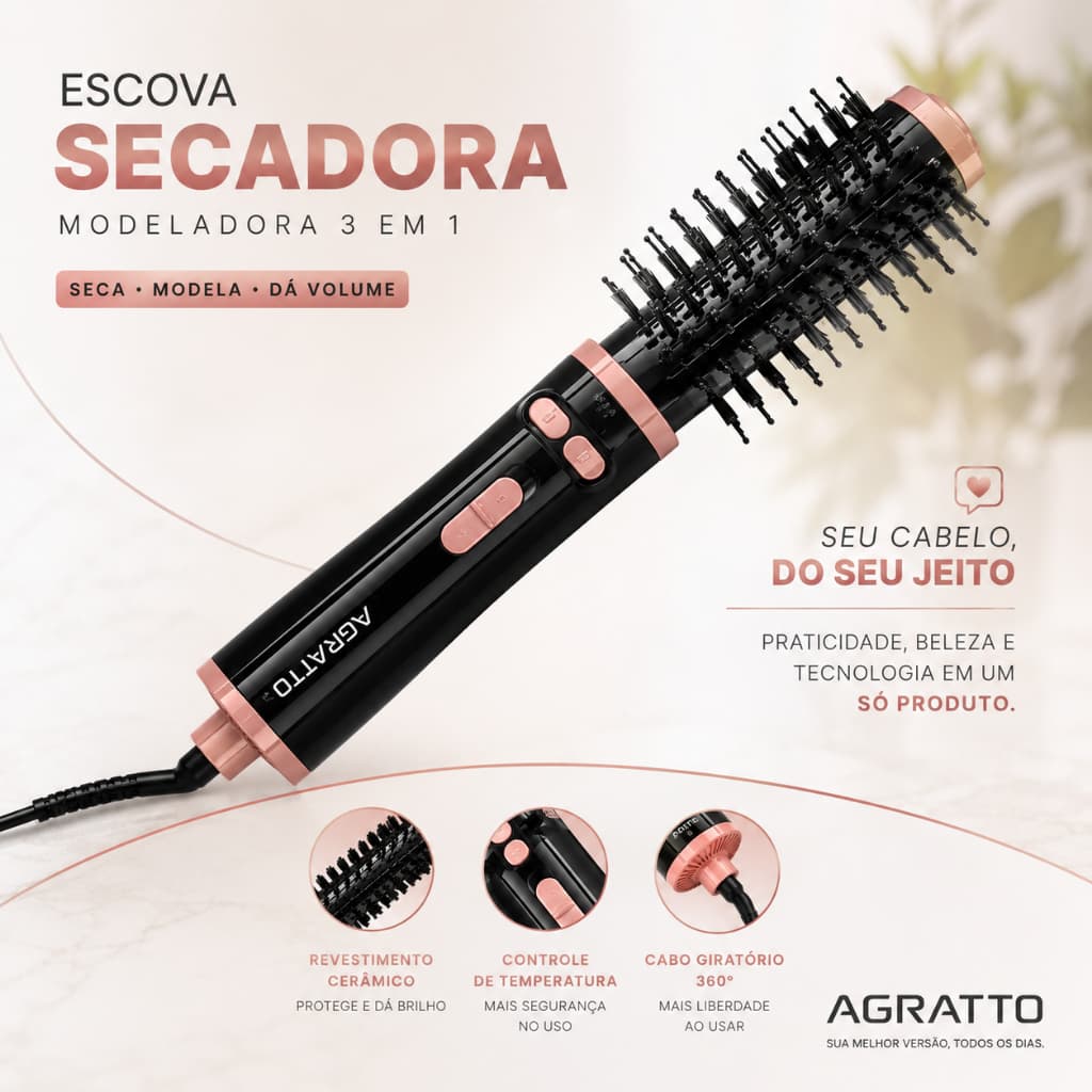 Escova Rotativa Rosa e Preto Escova Secadora Rotatória Agratto 6 em 1 Escova Cabelo Bivolt