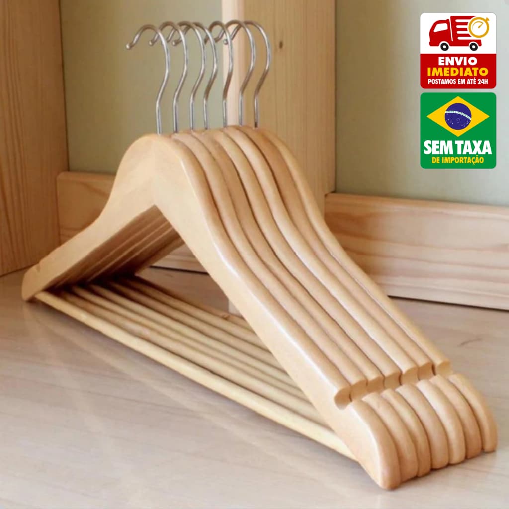 Cabides de Madeira Kit com 3 Unidades Verniz Protetor Gancho Metálico Roupas Closet Guarda Roupa