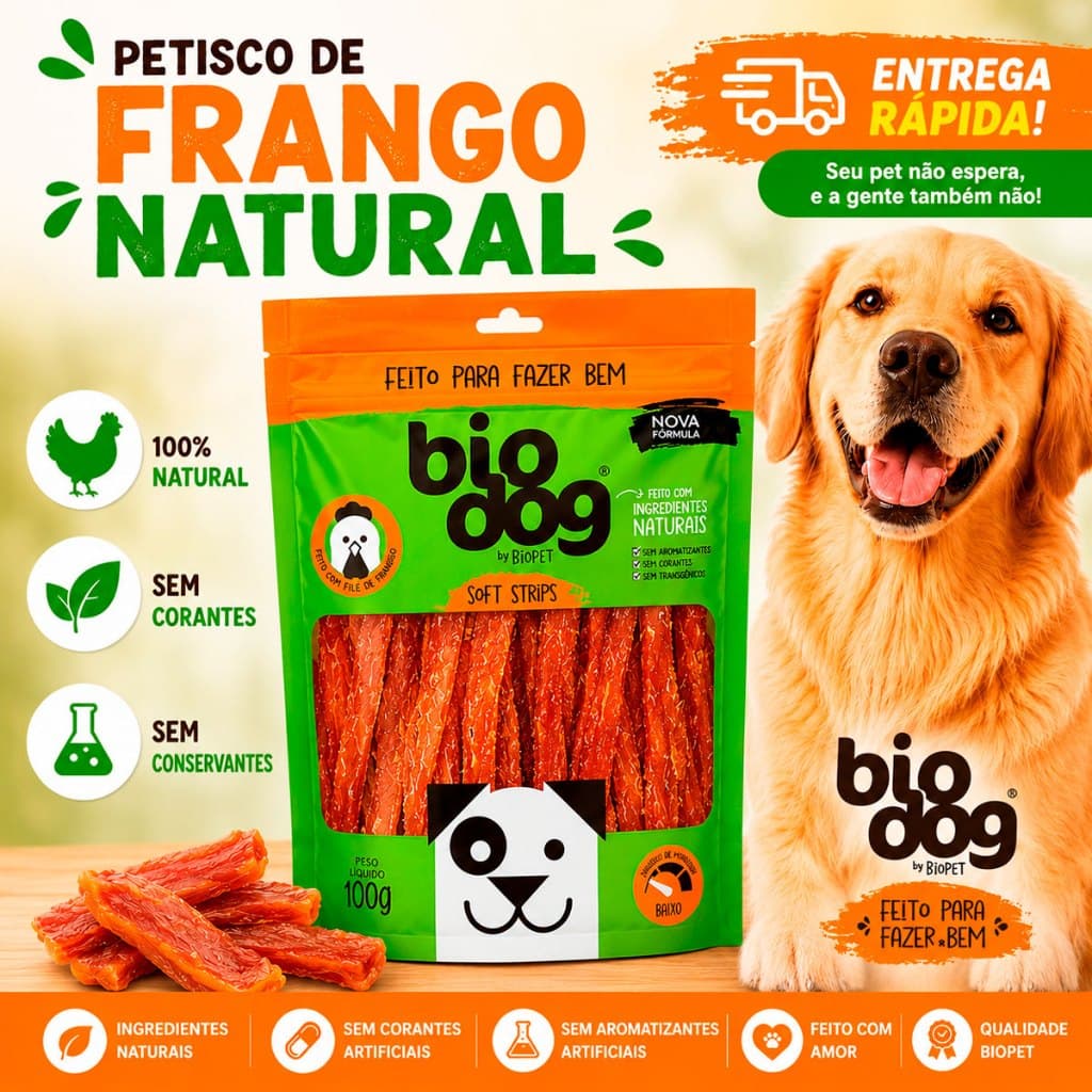 Petisco Biscoito Cães Biodog Gourmet Soft Strips Frango 100g Bifinho Mordedor Snack
