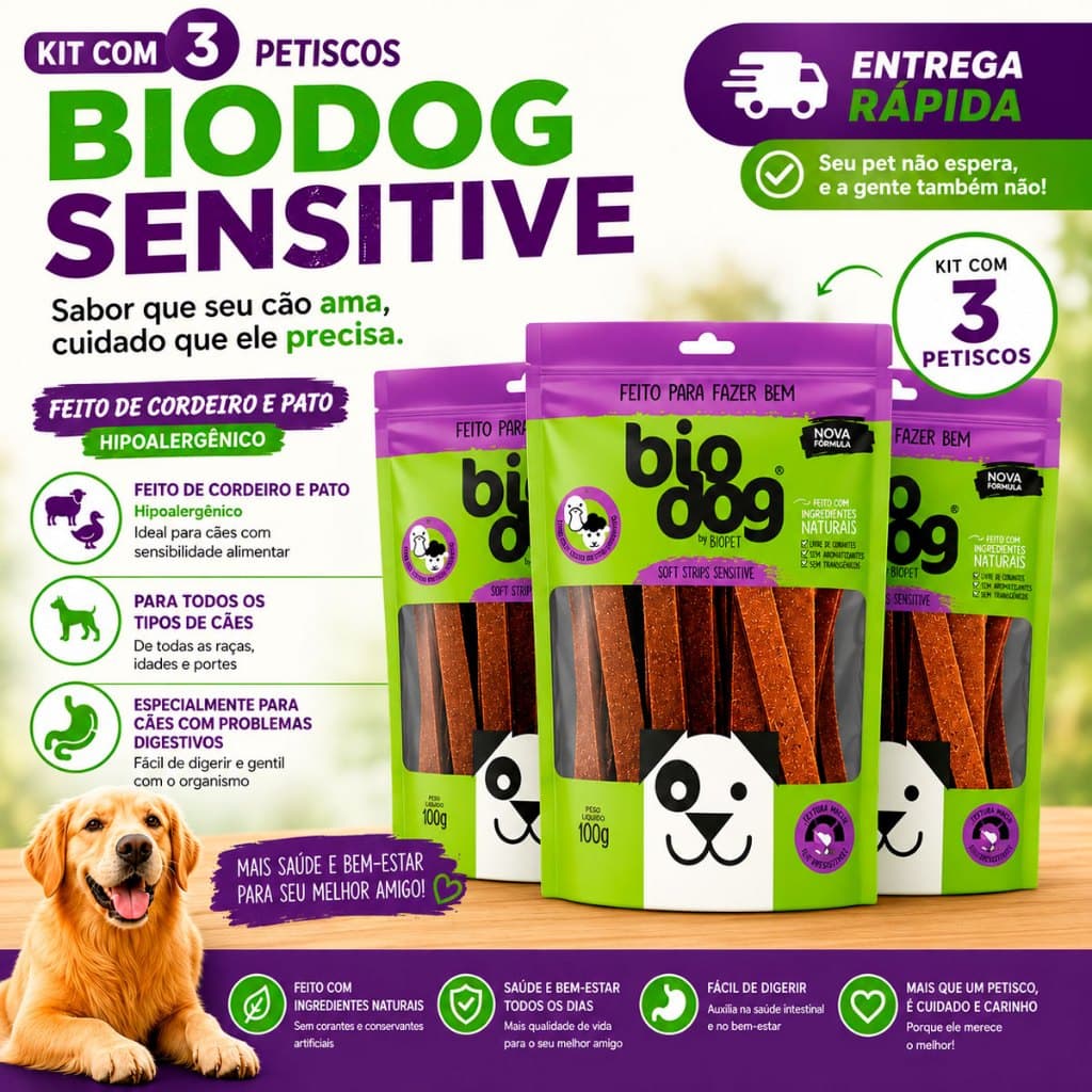 Kit 3 Bifinho Petisco Natural Snack Biodog Mordedor Sensitive Pato e Cordeiro Hipoalergênico