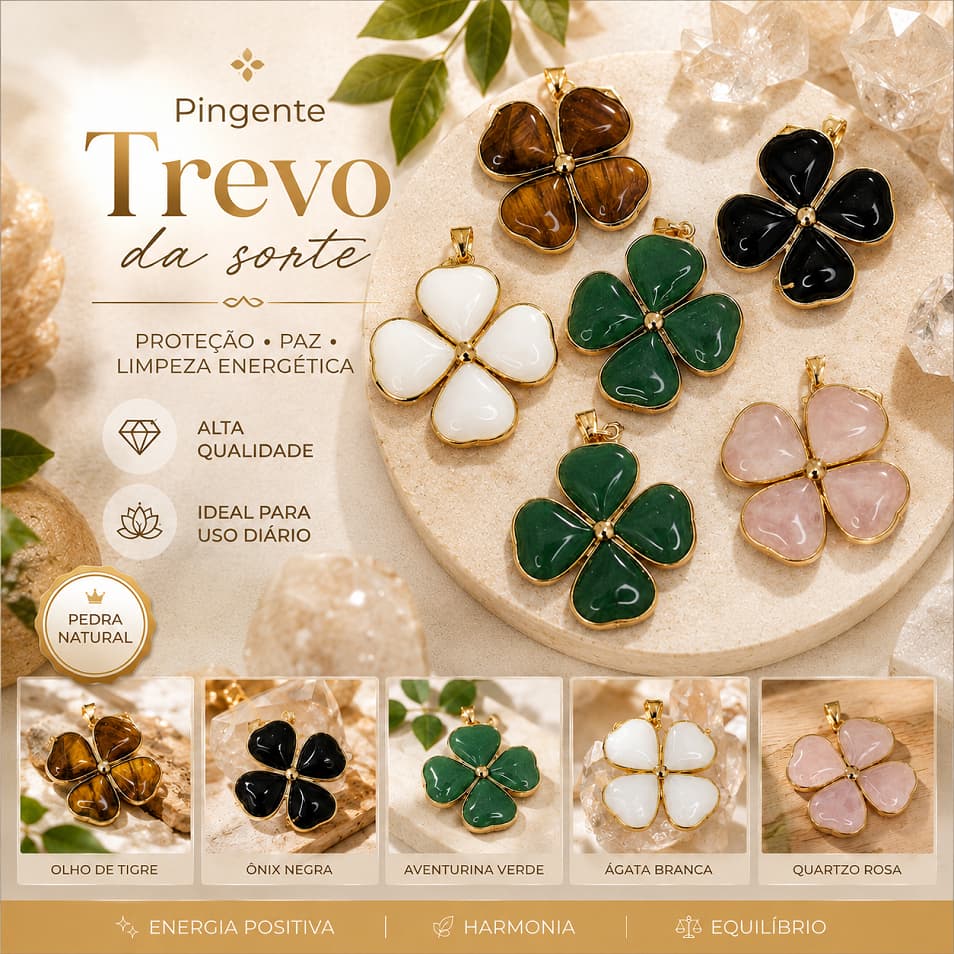 Pingente Trevo 4 Folhas com Pedras Naturais Amuleto da Sorte e Proteção Unissex