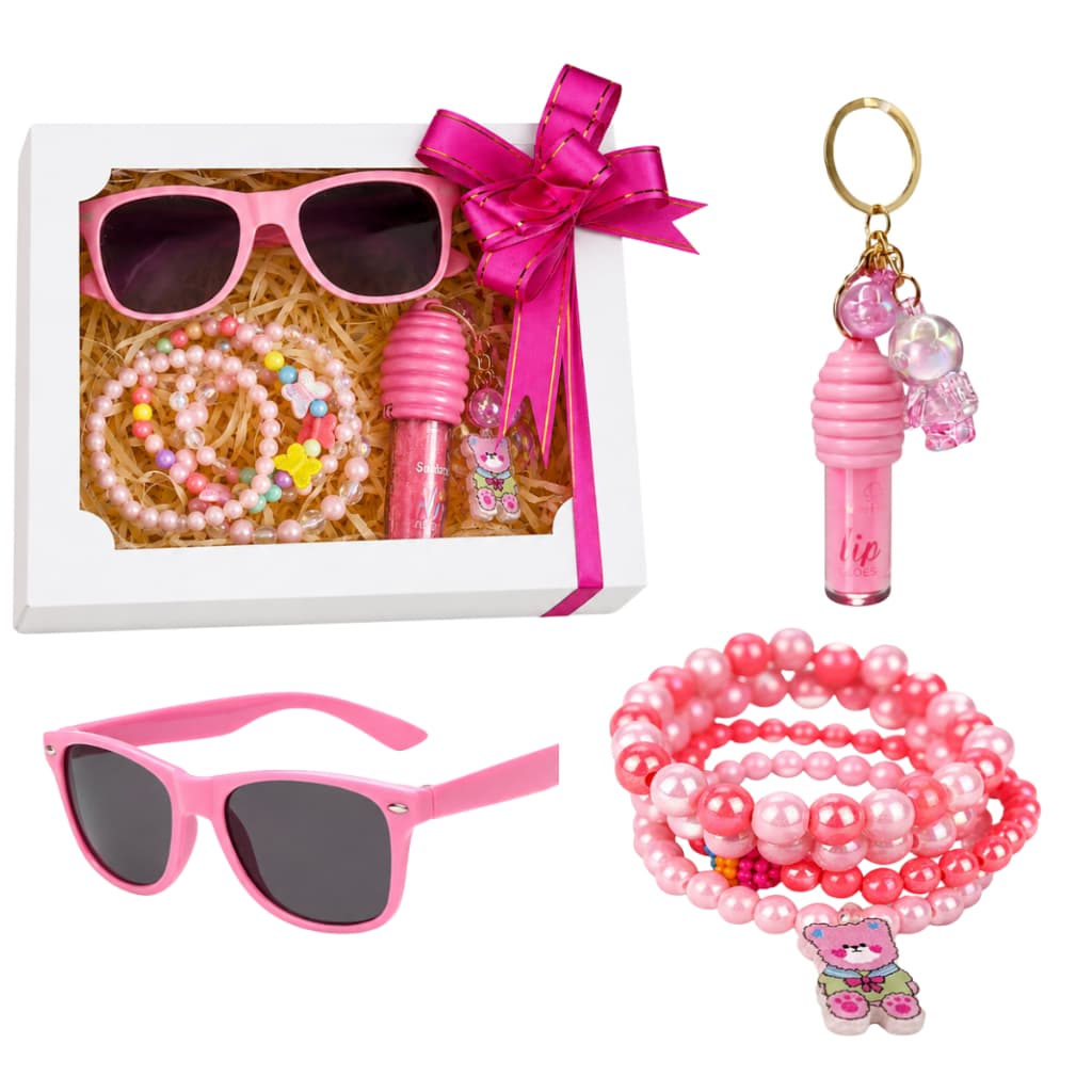 Kit Óculos de sol Infantil +  Gloss Labial c/ Chaveiro + 4  Pulseiras - Presente Menina Estilosa Dia das Crianças, natal