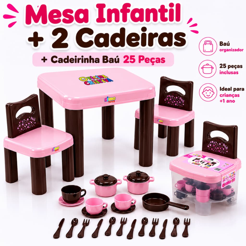 Kit Mesa Infantil com 2 Cadeiras + Cadeirinha Baú Com 25 Peças Didática