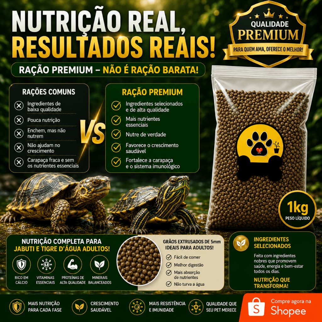 Ração Para Tartaruga Jabuti Tigre D’Água Filhote Premium com Cálcio Casco Forte Extrusada Crescimento Saudável 1Kg