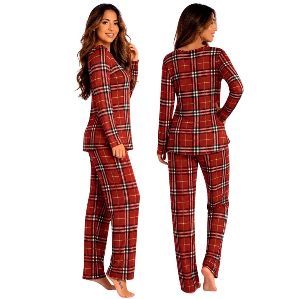 Pijama Feminino Inverno Longo malha Suede Toque suave Quente Macio manga longa comprida inverno