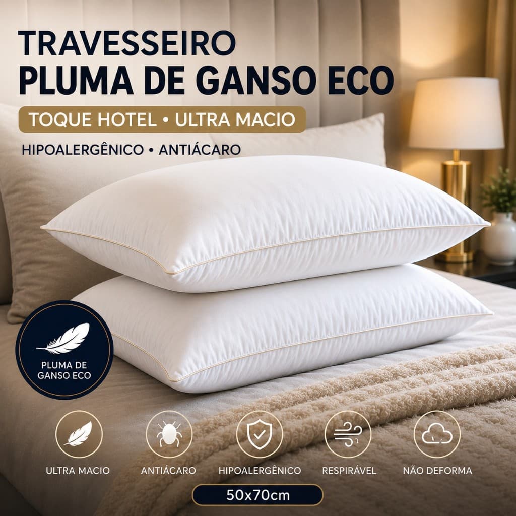 Travesseiro Pluma de Ganso Eco 50x70 Antiácaro Hipoalergênico Travesseiro Hotel Super Macio