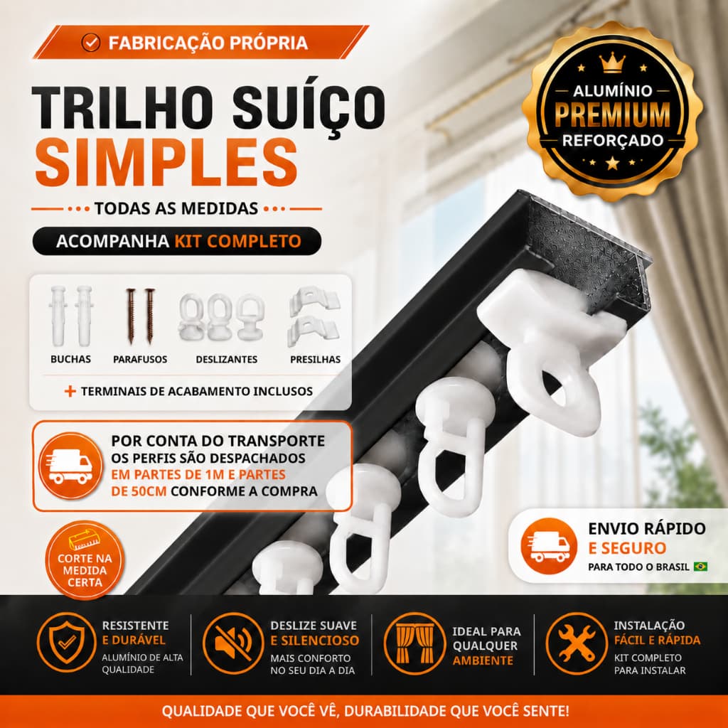 Trilho Suíço Alumínio Preto Completo c/ Presilhas Deslizantes e Kit Instalação