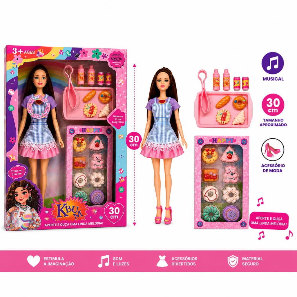 Boneca Fashion com Acessórios + Kit Doces | Musical e Articulada