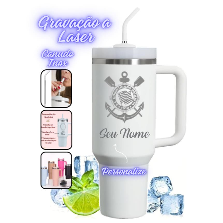 Copo térmico do Corinthians Com Canudo Inox 1200ml Personalizado com seu nome e time