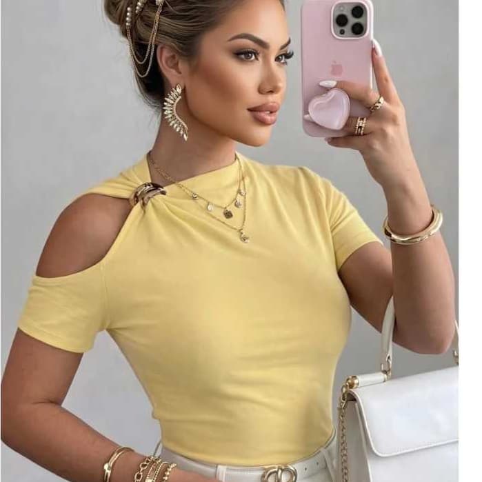 Blusa Feminina Ombro Vazado Elegante Suplex Moda Casual Chic