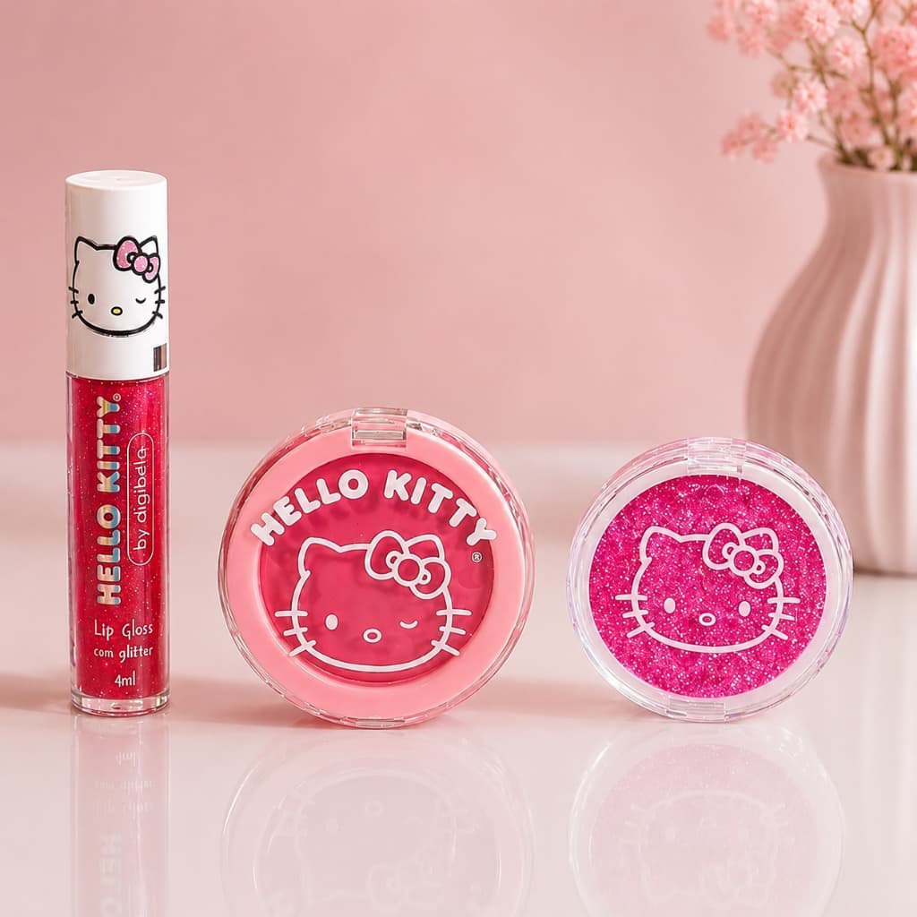 Kit Batom Lip Gloss Blush Cremoso Sombra Glitter Presente Hello Kitty Infantil Maquiagem