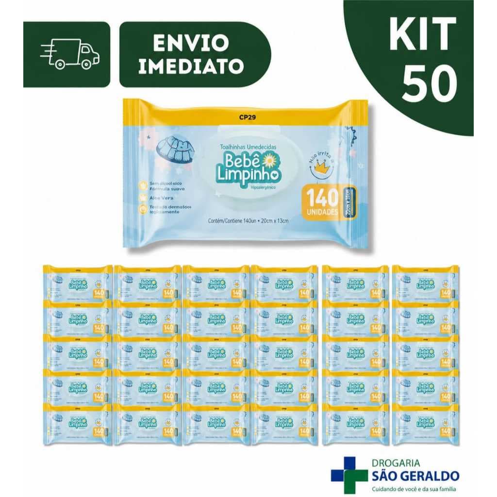 Kit 24 e 50 Pacotes Toalha Umedecida Bebê Limpinho Cimed 140 Unidades – Lenço Umedecido Infantil Suave Hipoaler