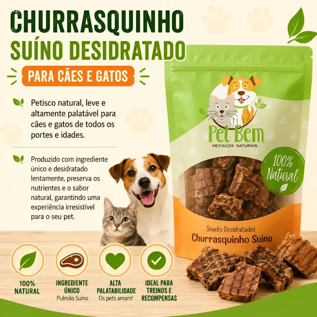 Petisco Natural Churrasquinho Suíno Desidratado Para Cães E Gatos Crocante