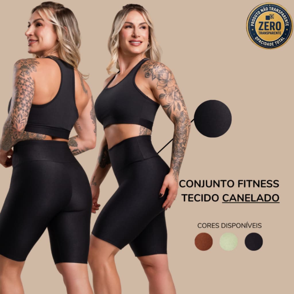 Conjunto Fitness Feminino Canelado Brilhoso Academia Top Nadador Liso e Bermuda Básica Cintura Alta Treino DRB Modas