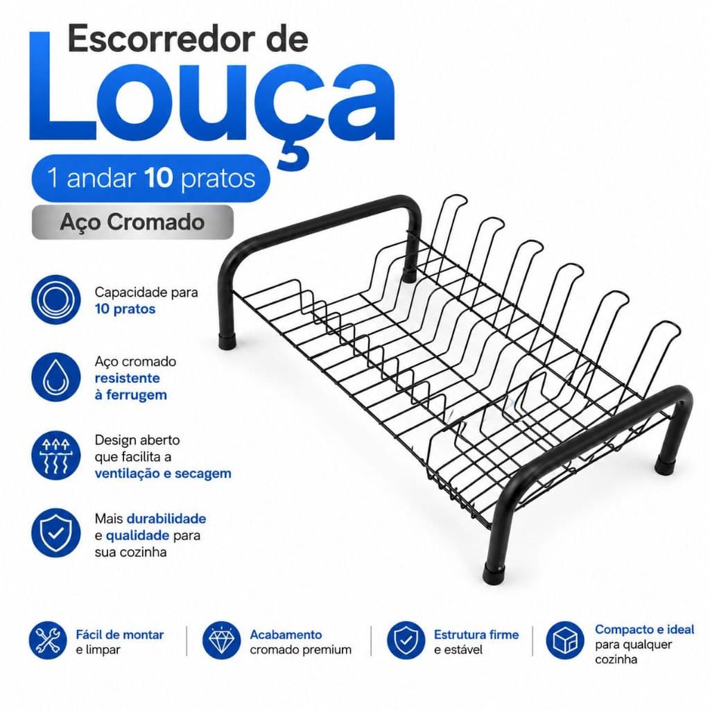 Escorredor de Louça Compacto Não Enferruja 10 Espaços Premium