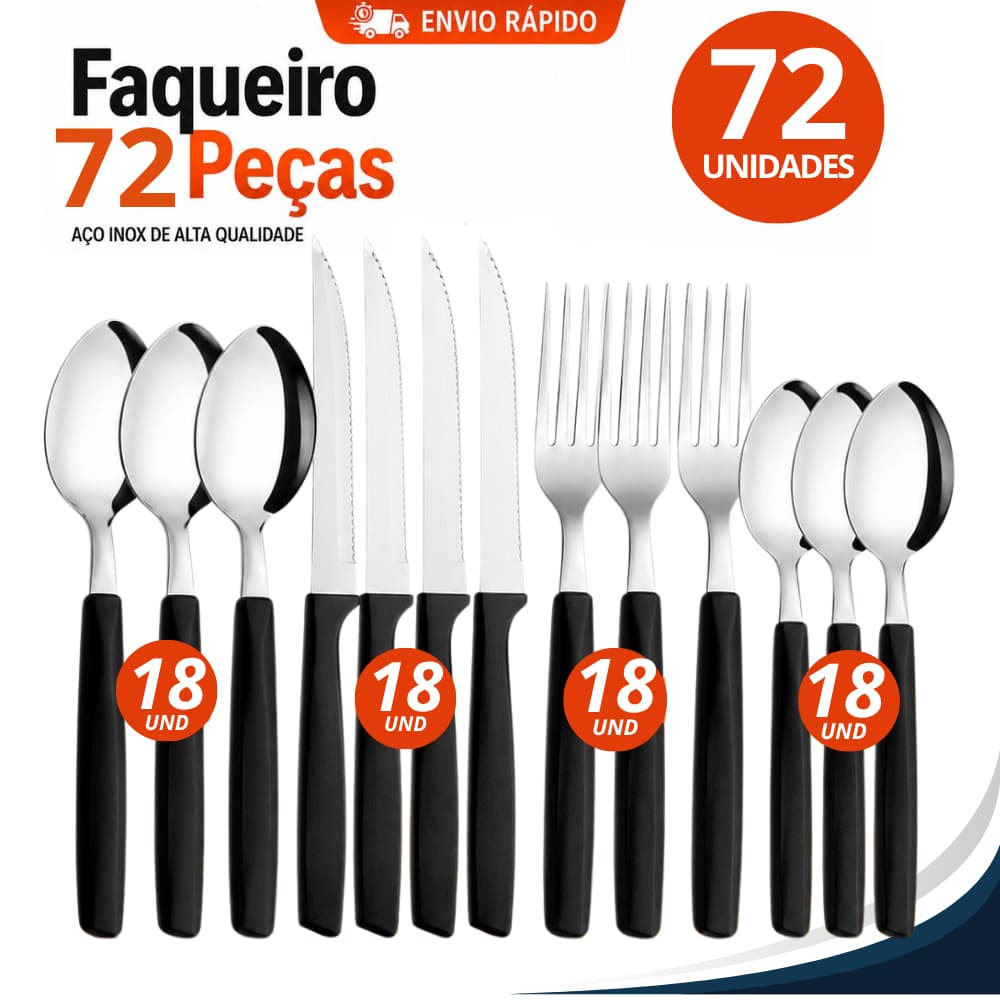 Jogo de Talheres Cabo Preto 24/48/72 Peças Inox Premium Resistente Moderno