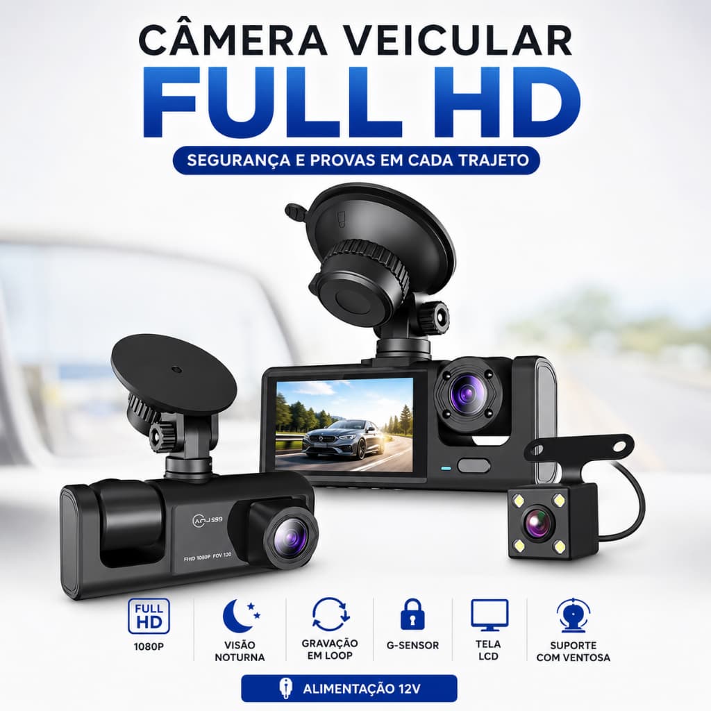 Dash Cam Veicular Full HD 1080p Tela LCD Visão Noturna Gravador DVR