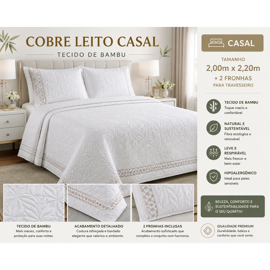 Colcha Casal Cobre Leito Casal Completo com 2 Porta Travesseiros